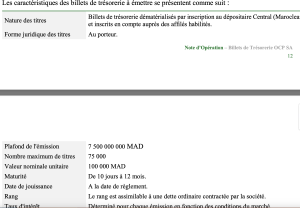 OCP : l'AMMC vise la mise à jour annuelle du dossier d’information relatif au programme d’émission de BT 2 Source : AMMC